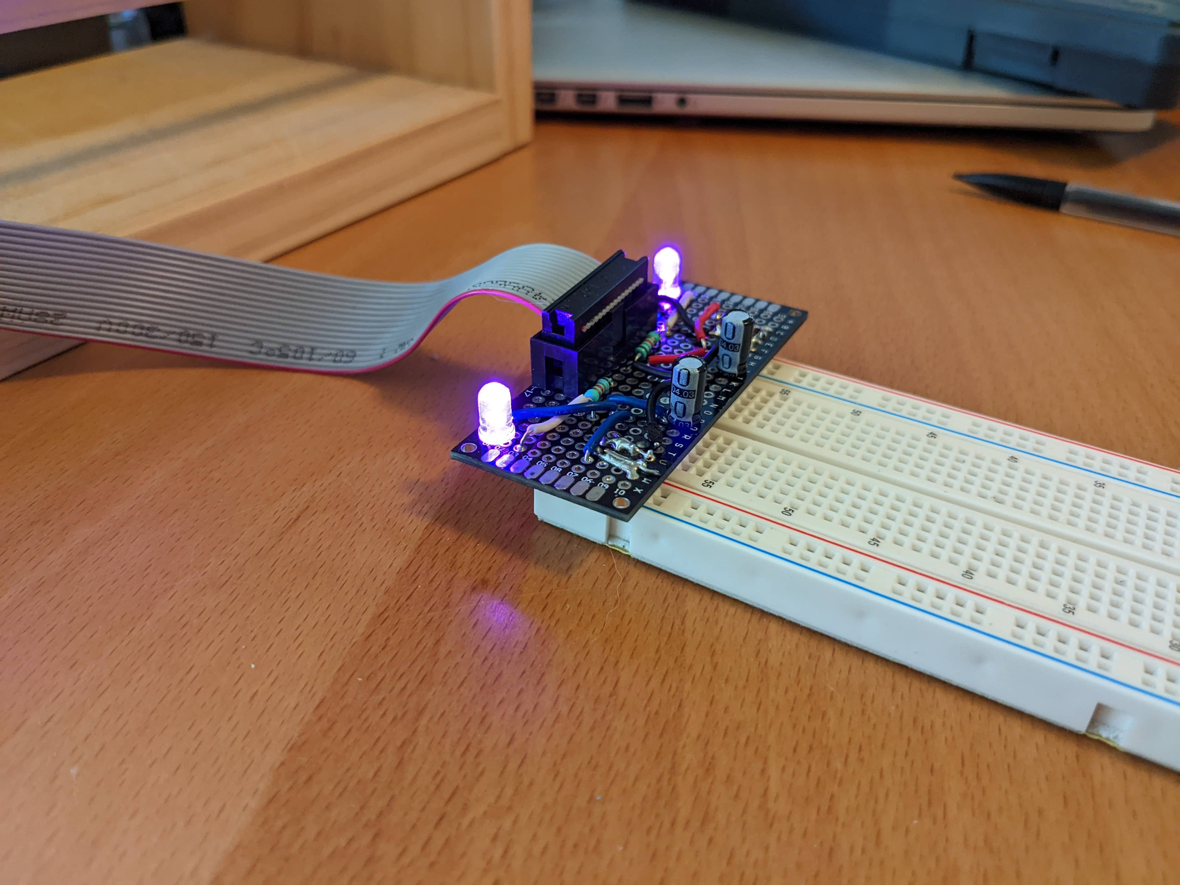 The Eurorack Breadboard Power module attached to a breadboard